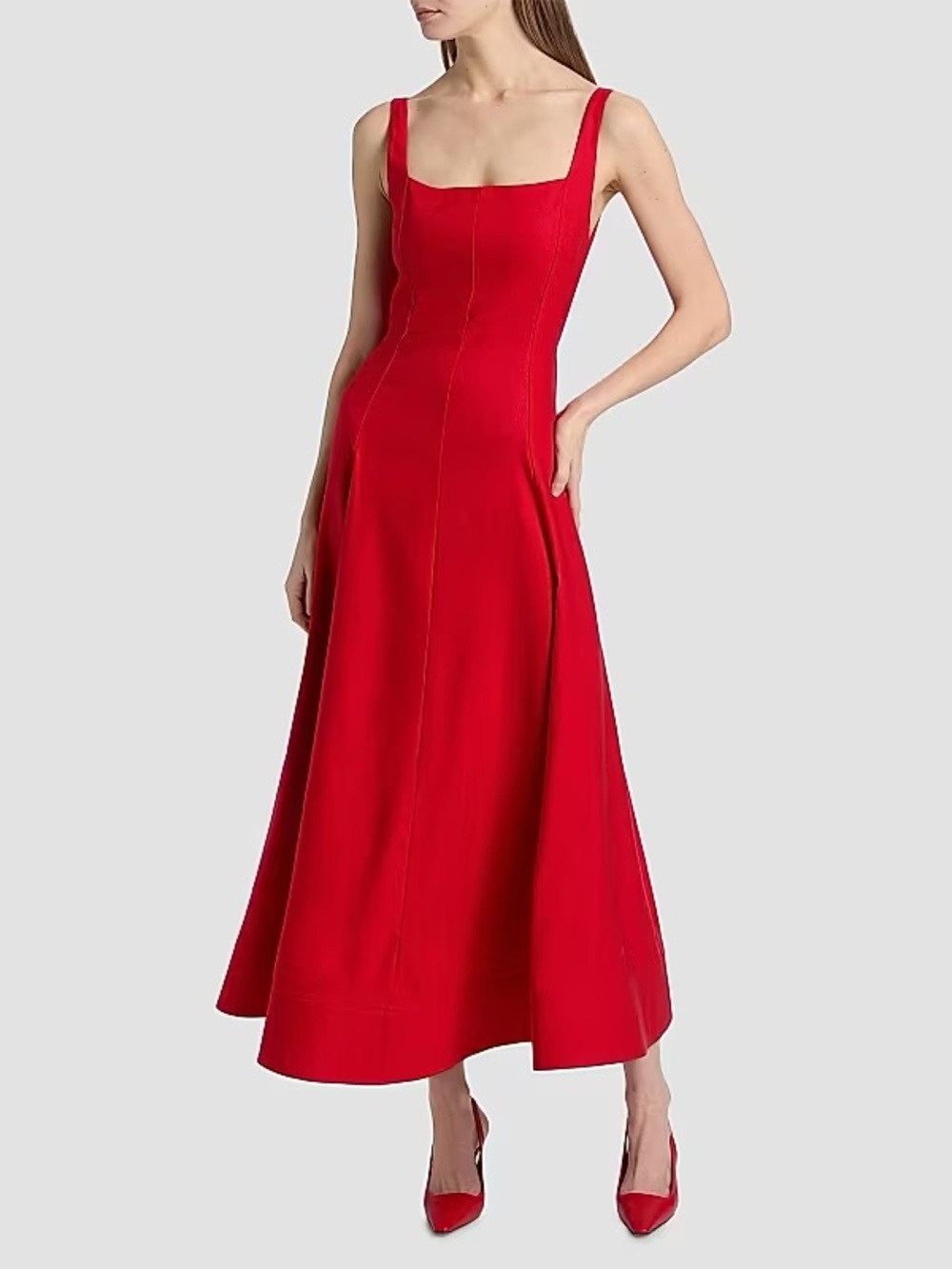 Alice + Olivia Polly Seamed Drop-Waist Flared Midi Dress Red